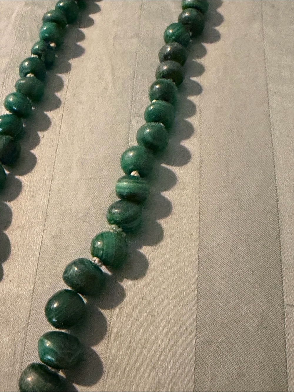 Artisan Green Malachite Striated Bead Necklace- silver screw clasp, roughly 18”